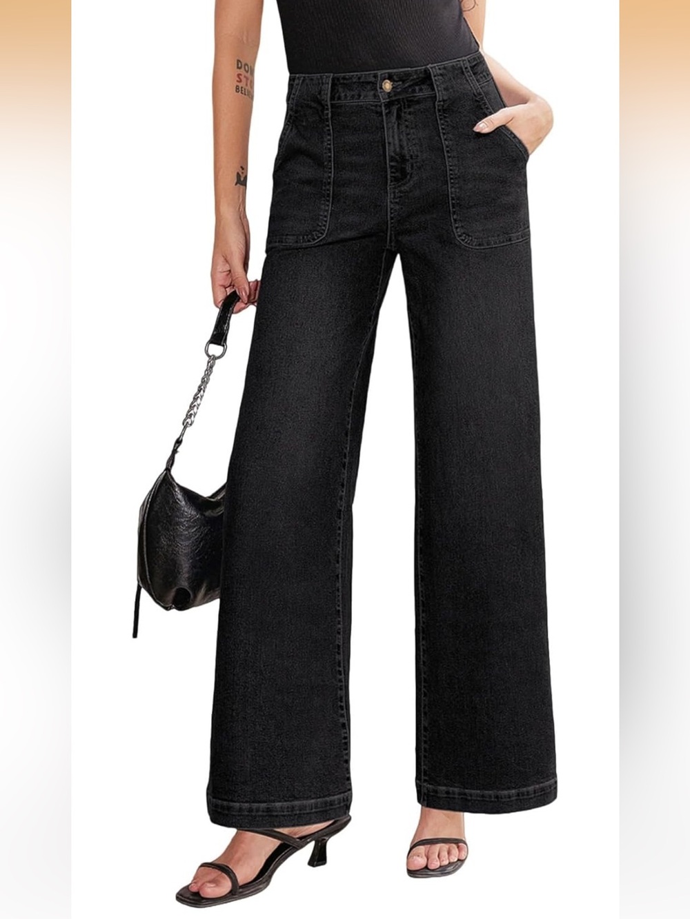 High-Rise Black Wide-Leg Jeans with Front Patch Pockets